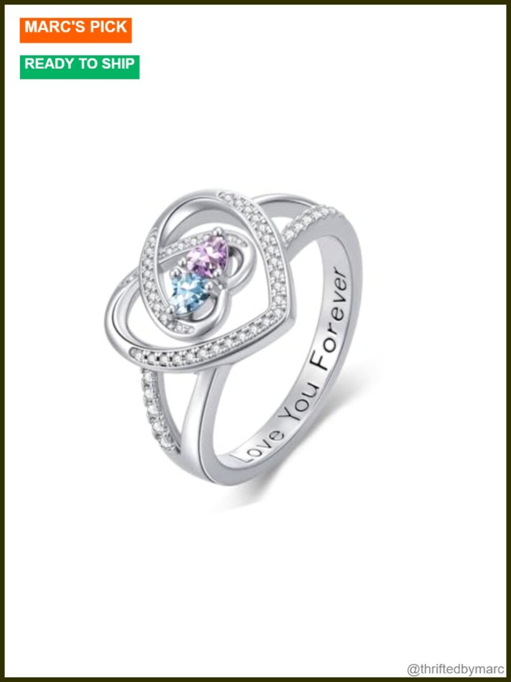 18k White Gold Plated Heart Birthstone Ring, Double Heart Promise Ring for Women